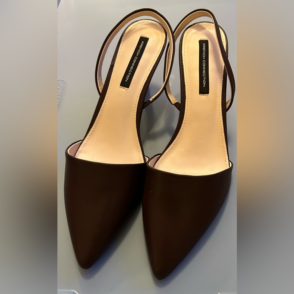 Pump Pointy Toe French Connection Mid Kitten Heel Slingback Shoes Sz 9.5 New Brn
